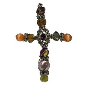 Beaded Cross Pendant Colorful Wired Statement Religious Jewelry‎